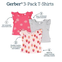 3-Pack Baby & Toddler Girls Pink Strawberries Short Sleeve Shirts