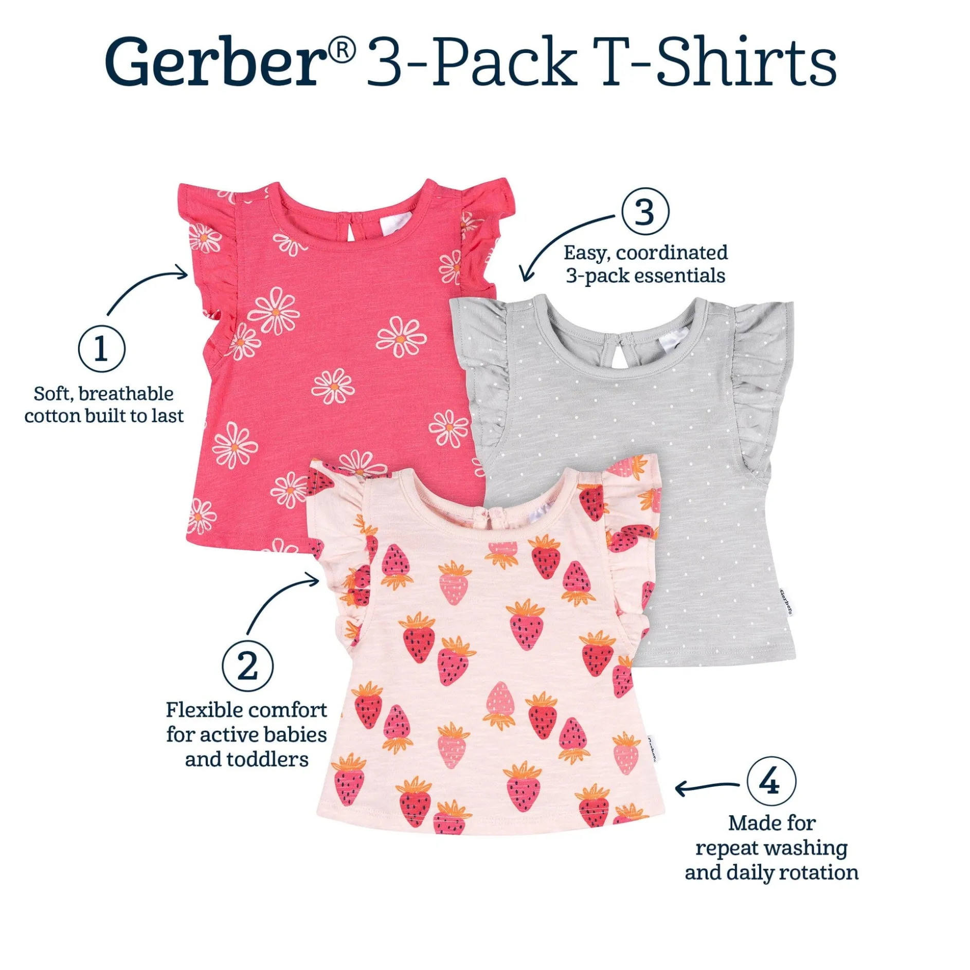 3-Pack Baby & Toddler Girls Pink Strawberries Short Sleeve Shirts