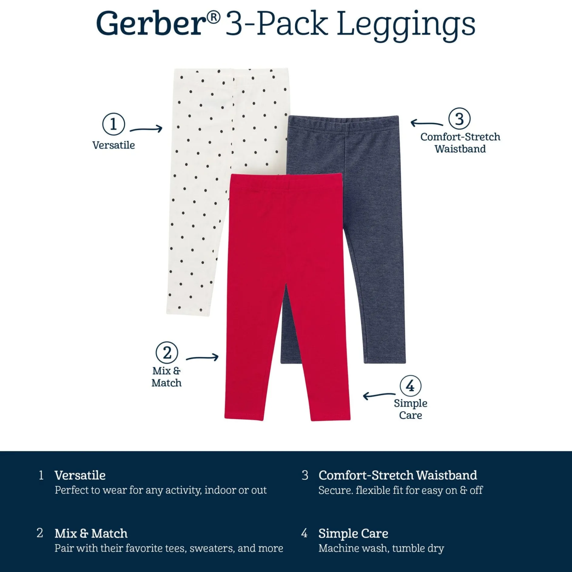3-Pack Baby & Toddler Girls Red, Blue and Polka Dot Leggings