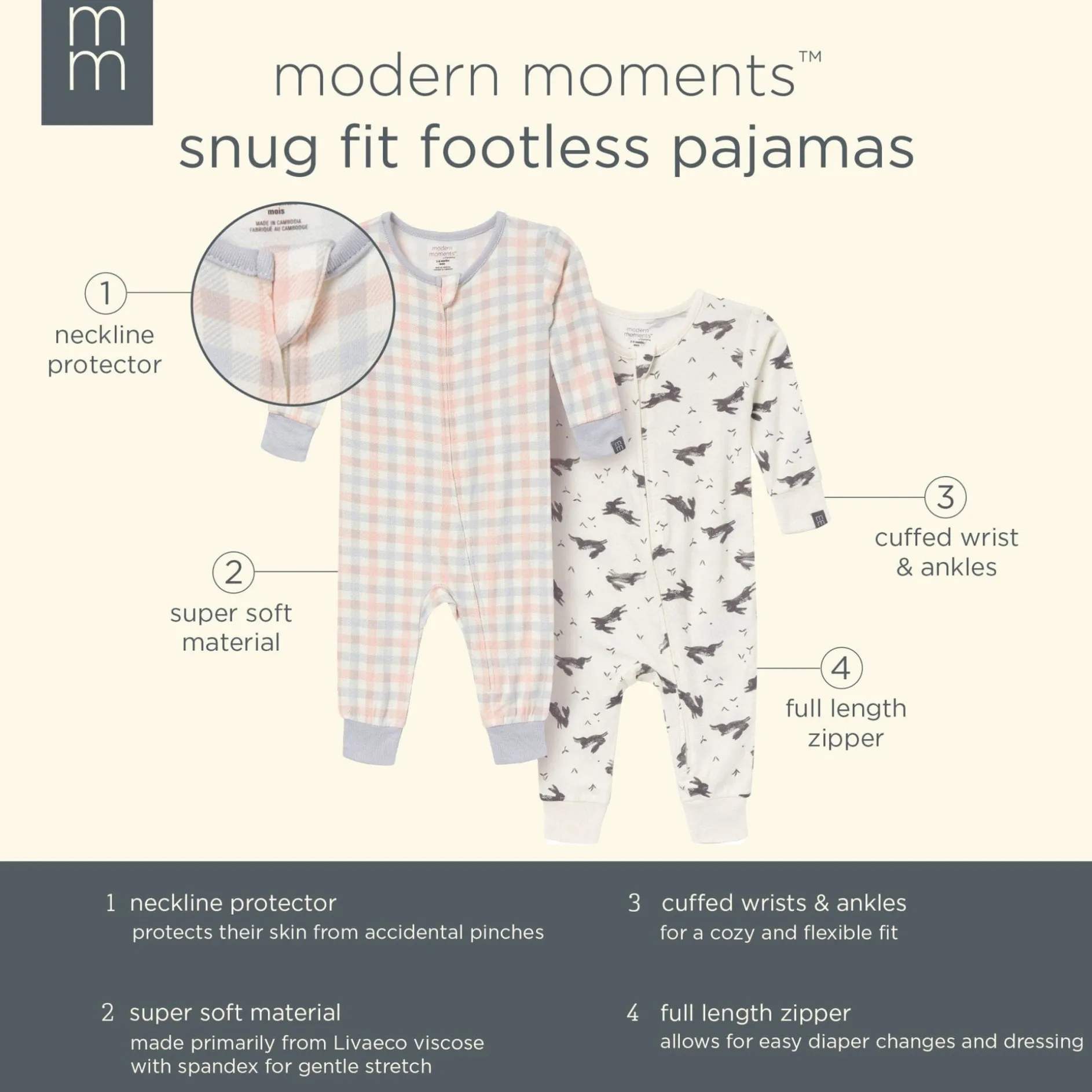 2-Pack Baby & Toddler Neutral Blue Plaid Viscose Snug Fitting Footless Pajamas