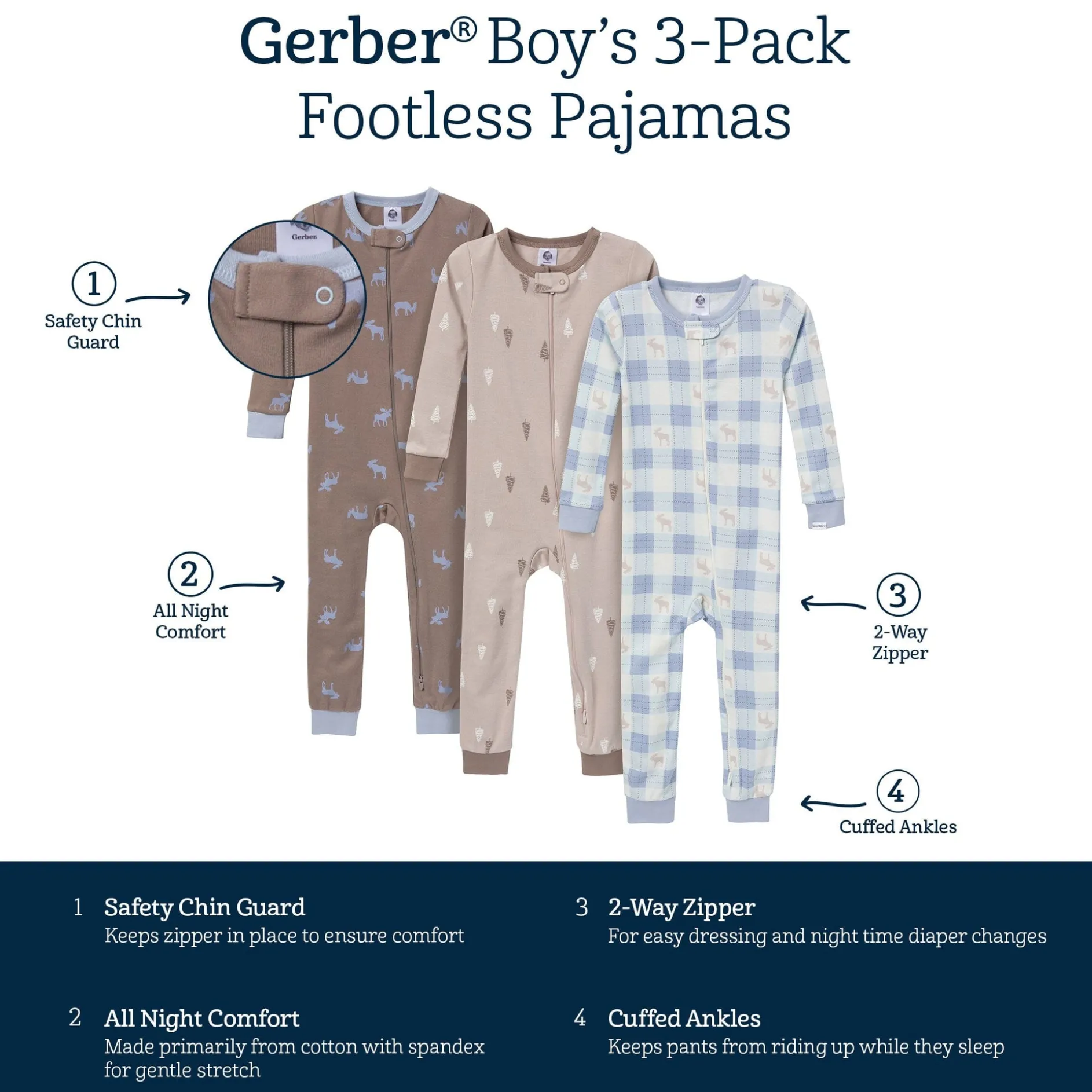 3-Pack Baby & Toddler Neutral Moose & Trees Snug Fit Footless Pajamas