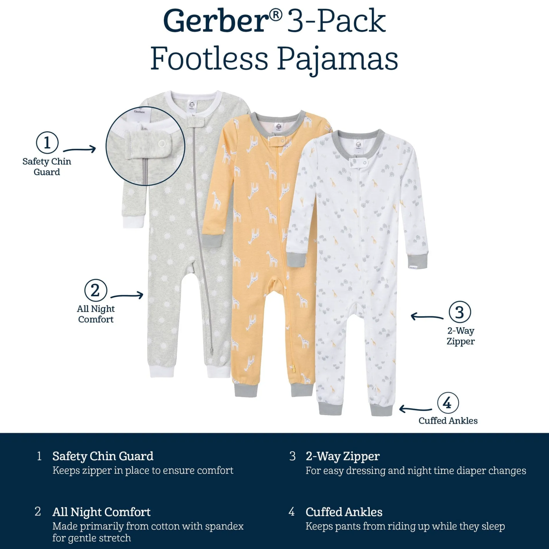 3-Pack Baby & Toddler Neutral Safari Snug Fit Footless Pajamas