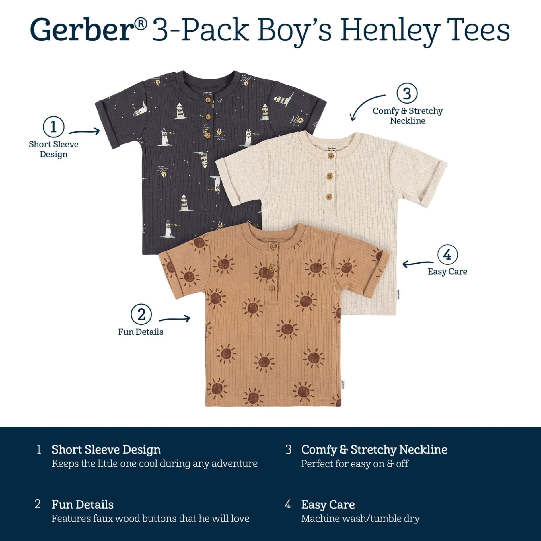 3-Pack Infant and Toddler Boys Sun & Sea Henley T-Shirts