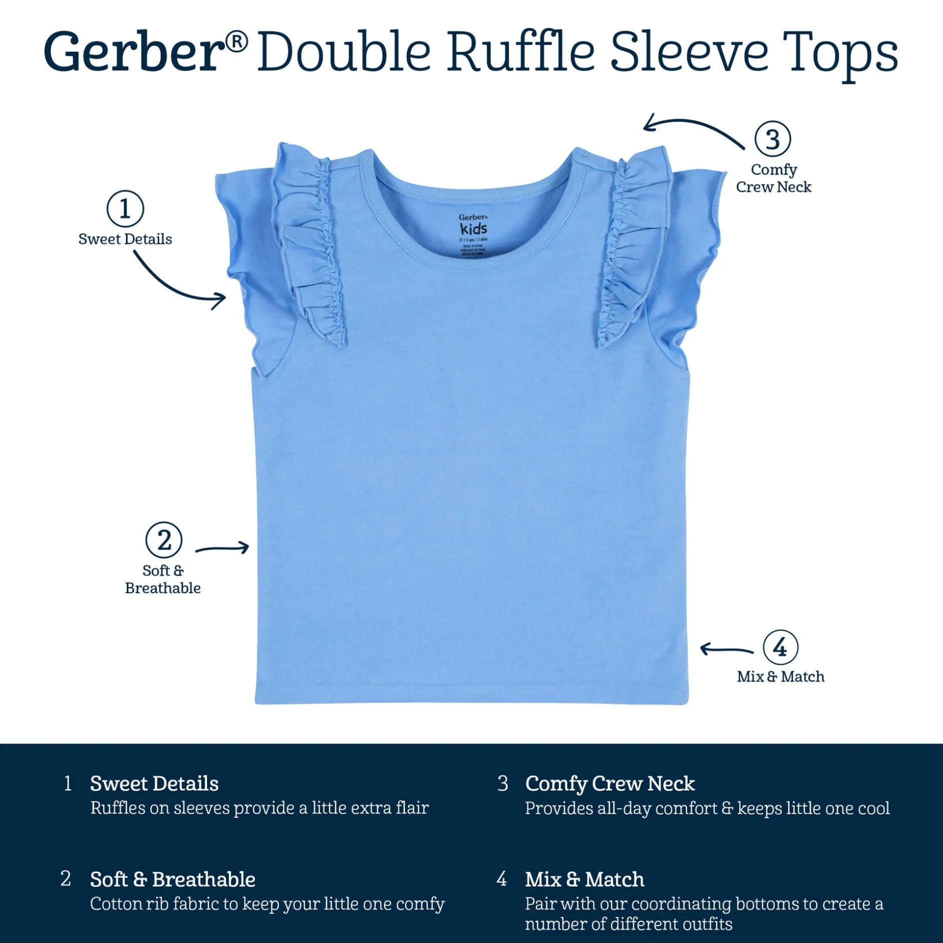 2-Pack Infant Girls Blue Double Ruffle Tops