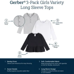 3-Pack Infant & Toddler Girls Black, White, & Grey Long Sleeve Shirts