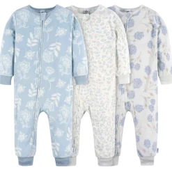 3-Pack Infant & Toddler Girls Blue Floral Footless Fleece Pajamas