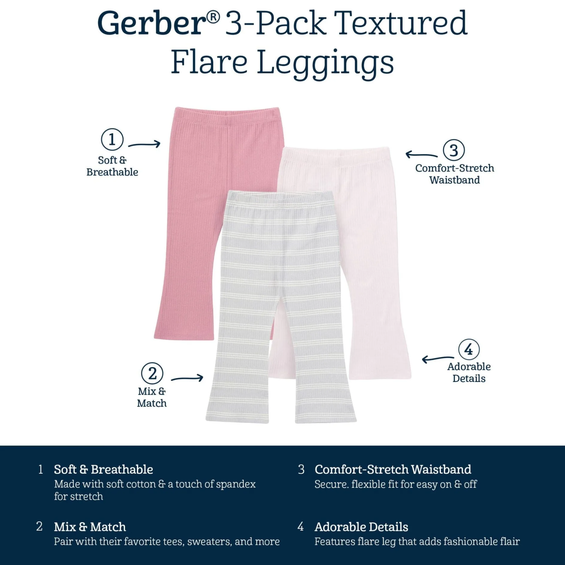 3-Pack Infant & Toddler Girls Gray and Pink Ribbed Flare Leggings