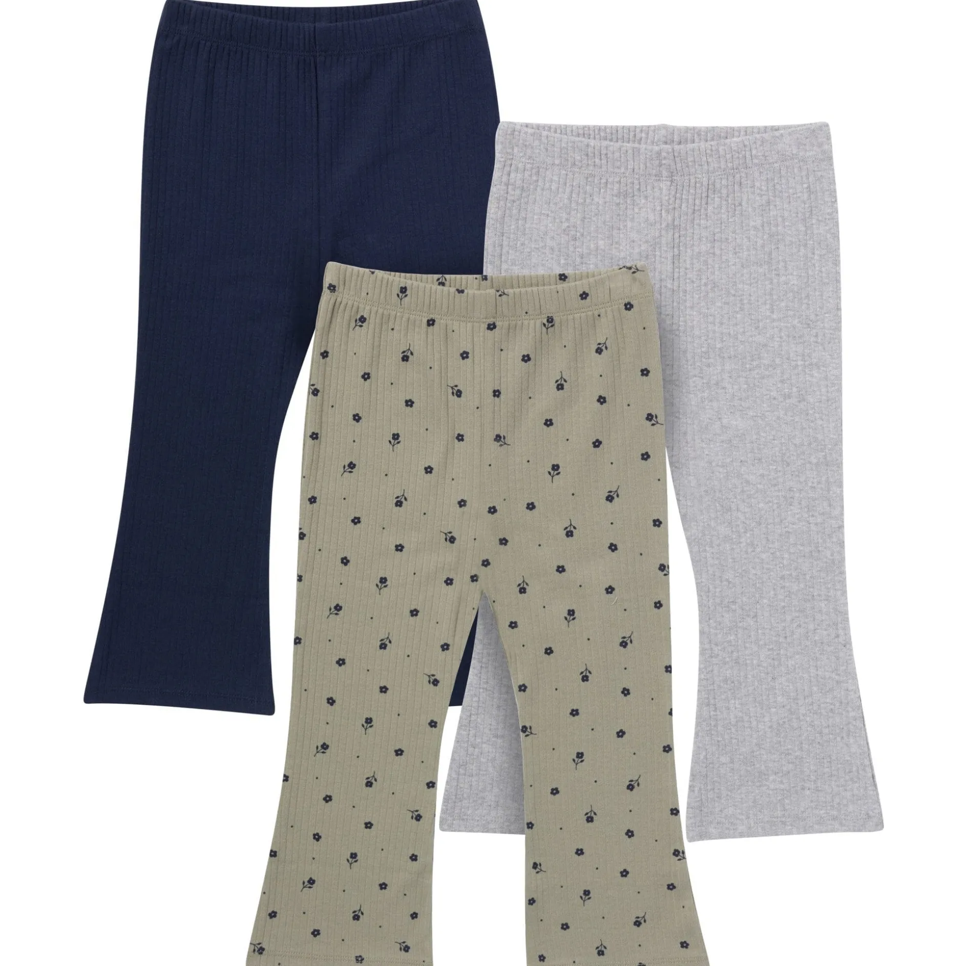 3-Pack Infant & Toddler Girls Green Daisies, Blue and Gray Ribbed Flare Leggings