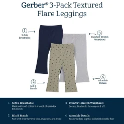 3-Pack Infant & Toddler Girls Green Daisies, Blue and Gray Ribbed Flare Leggings