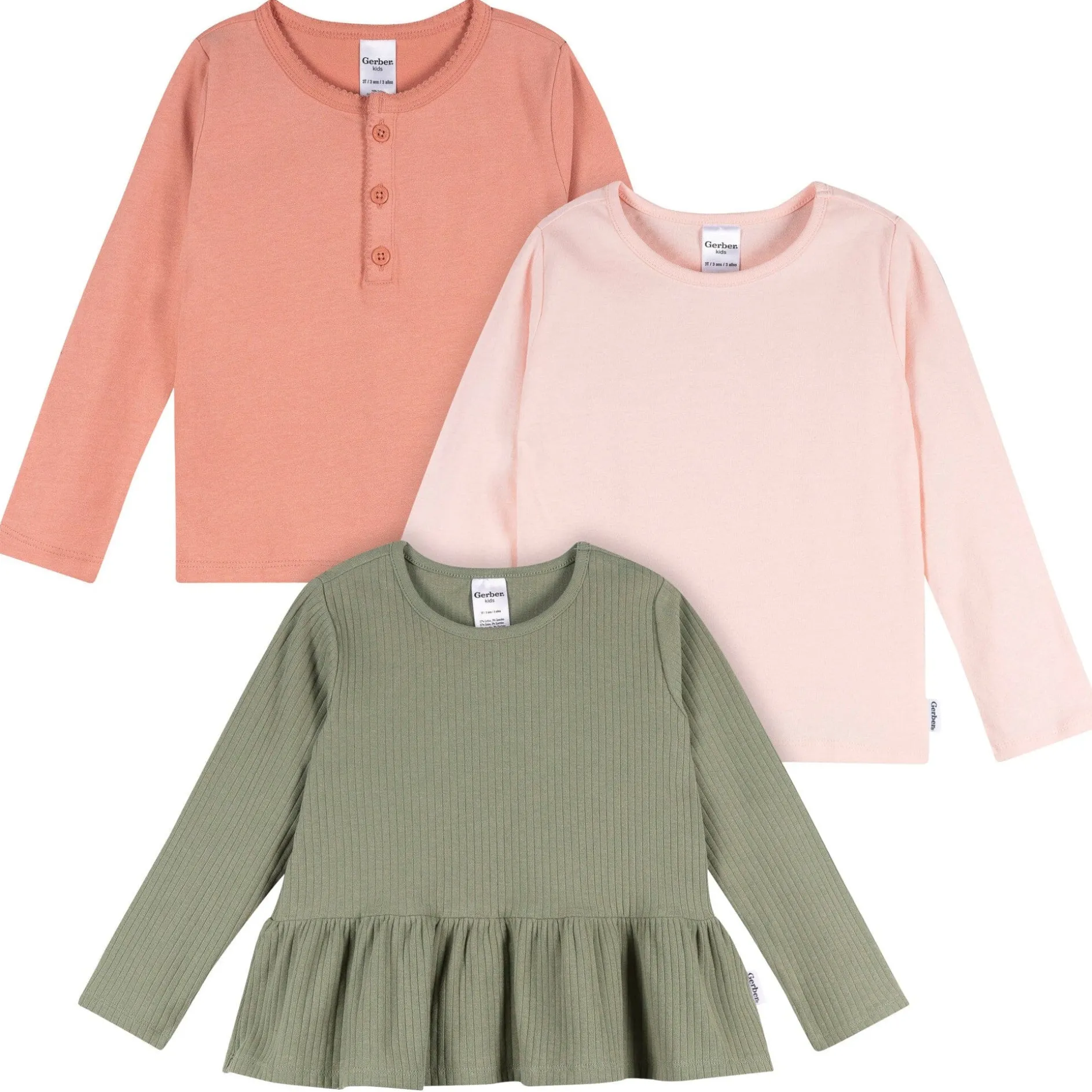 3-Pack Infant & Toddler Girls Green, Pink, & Coral Long Sleeve Shirts