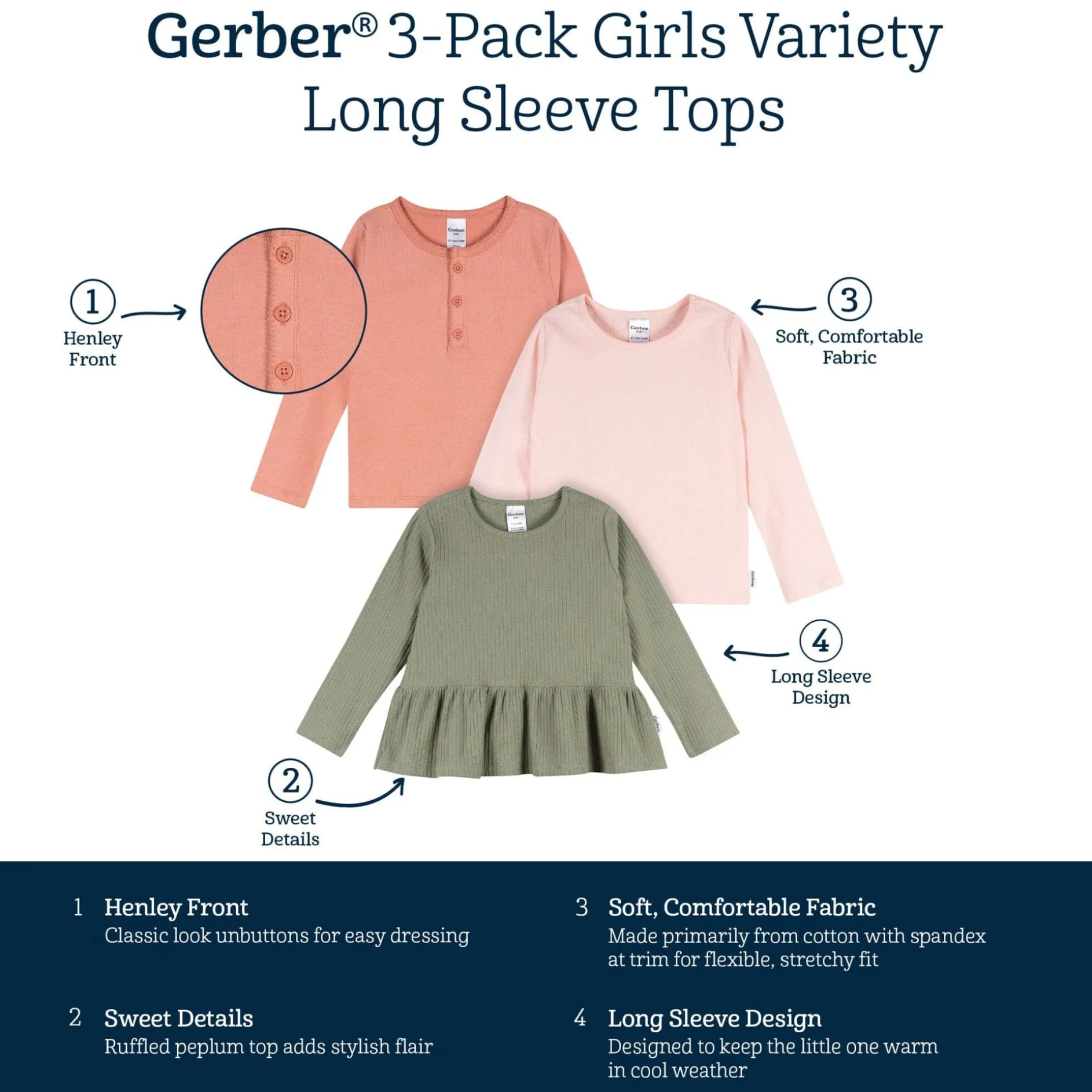 3-Pack Infant & Toddler Girls Green, Pink, & Coral Long Sleeve Shirts