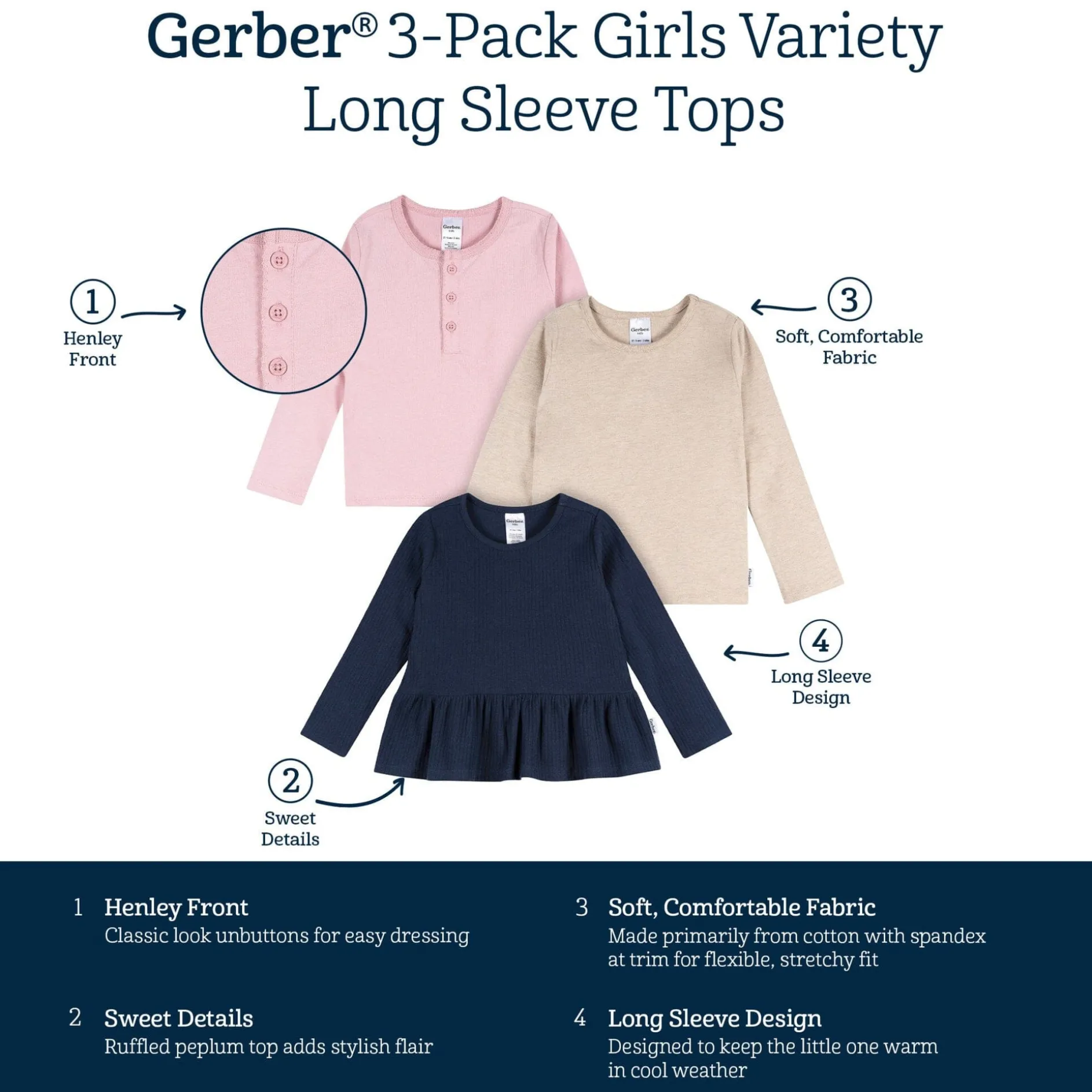 3-Pack Infant & Toddler Girls Navy, Oatmeal & Pink Long Sleeve Shirts