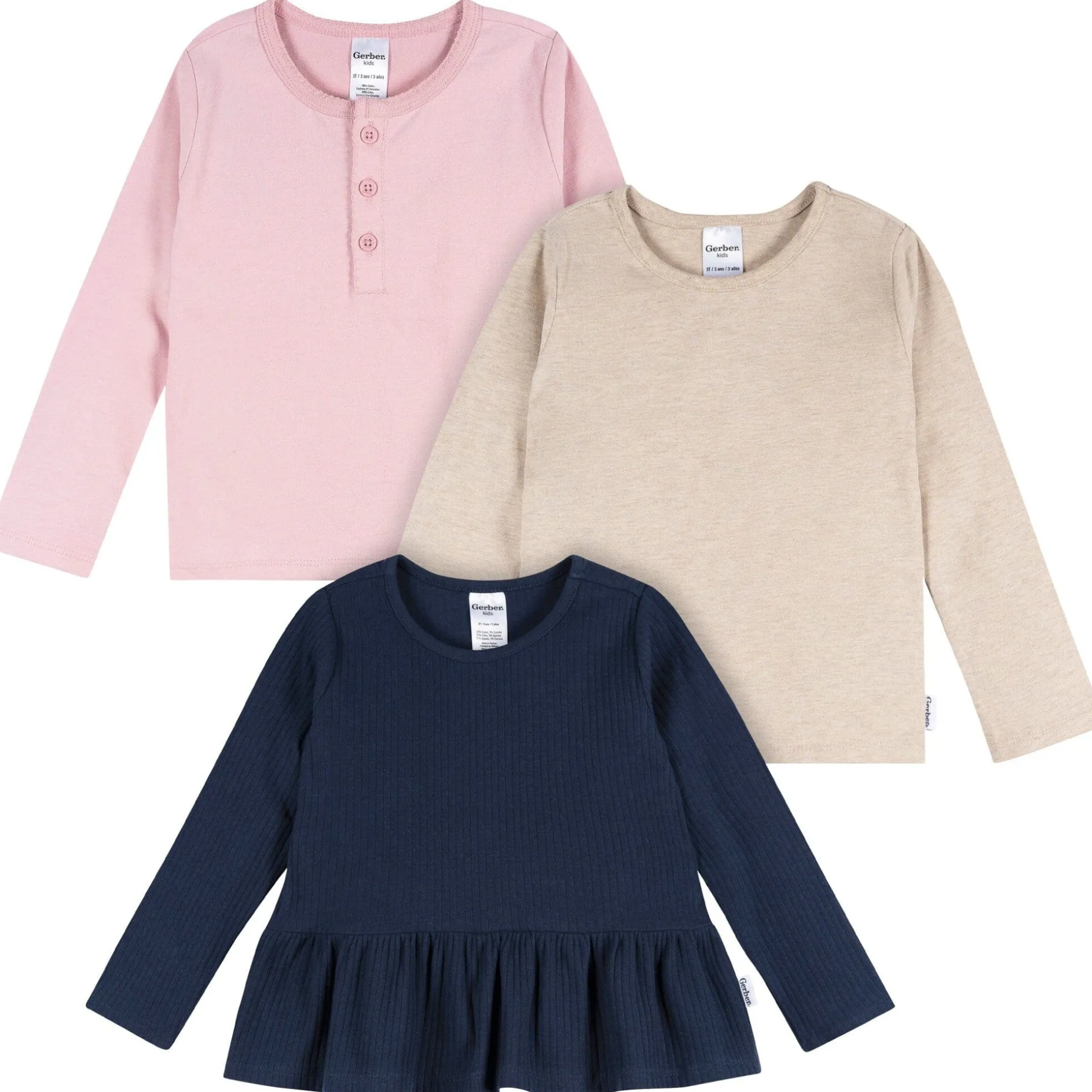 3-Pack Infant & Toddler Girls Navy, Oatmeal & Pink Long Sleeve Shirts