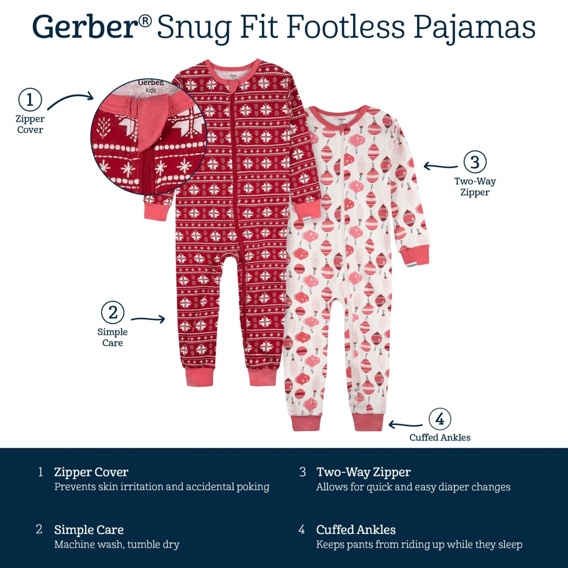 2-Pack Infant & Toddler Girls Ornaments Snug Fit Footless Pajamas