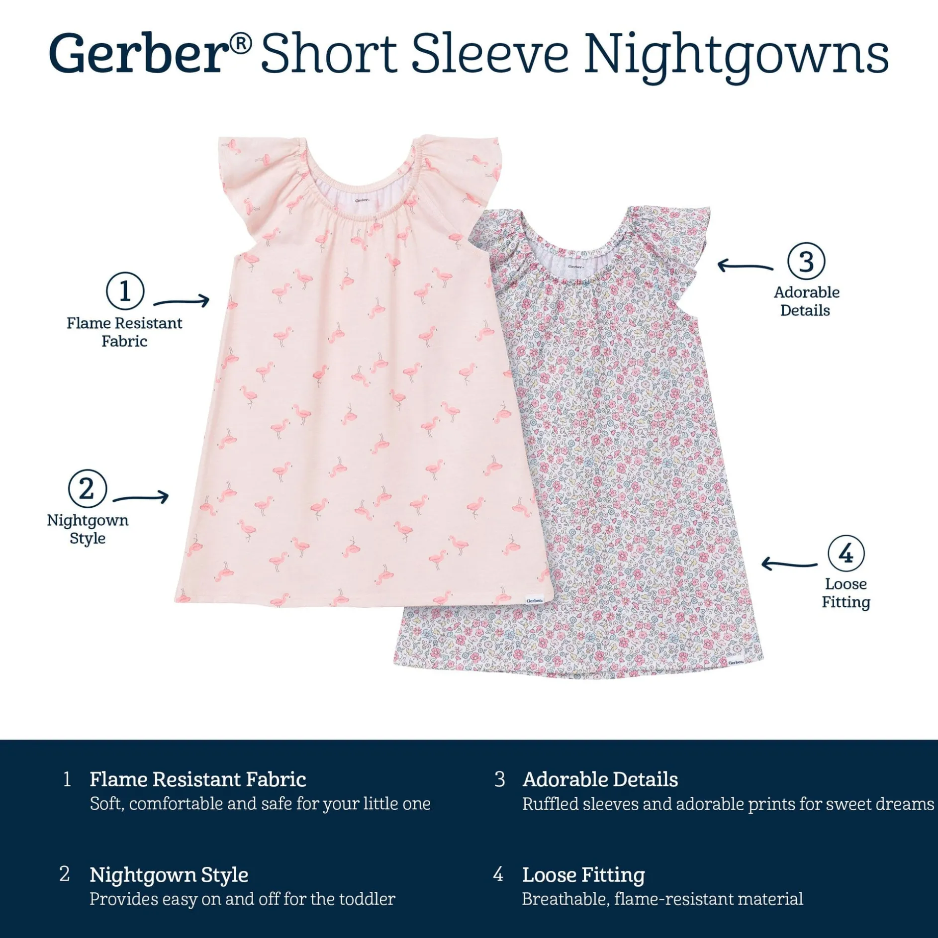2-Pack Toddler Girls Flamingoes Short Sleeve Nightgowns