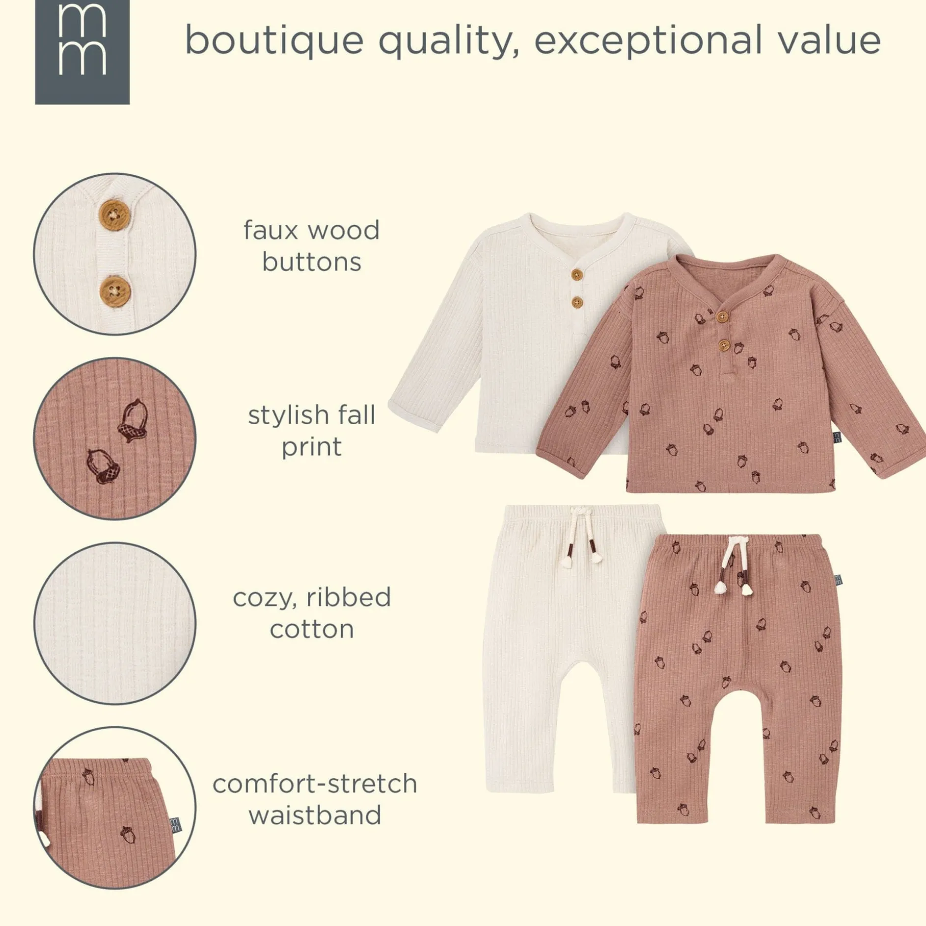 4-Piece Baby Boys Acorns Henley Tops and Pants Set
