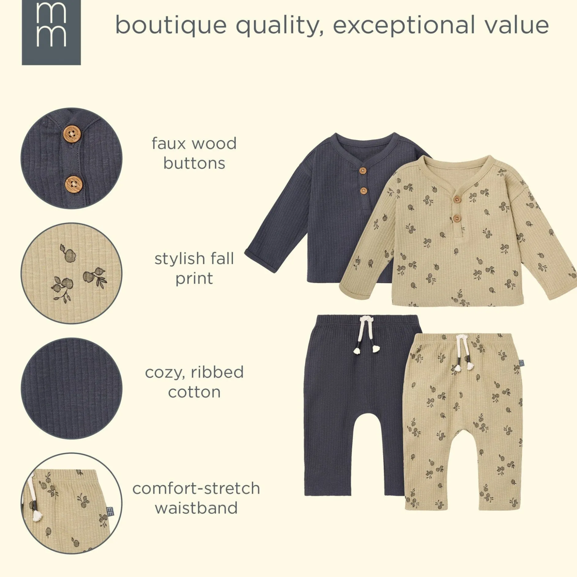 4-Piece Baby Boys Apples Henley Tops and Pants Set