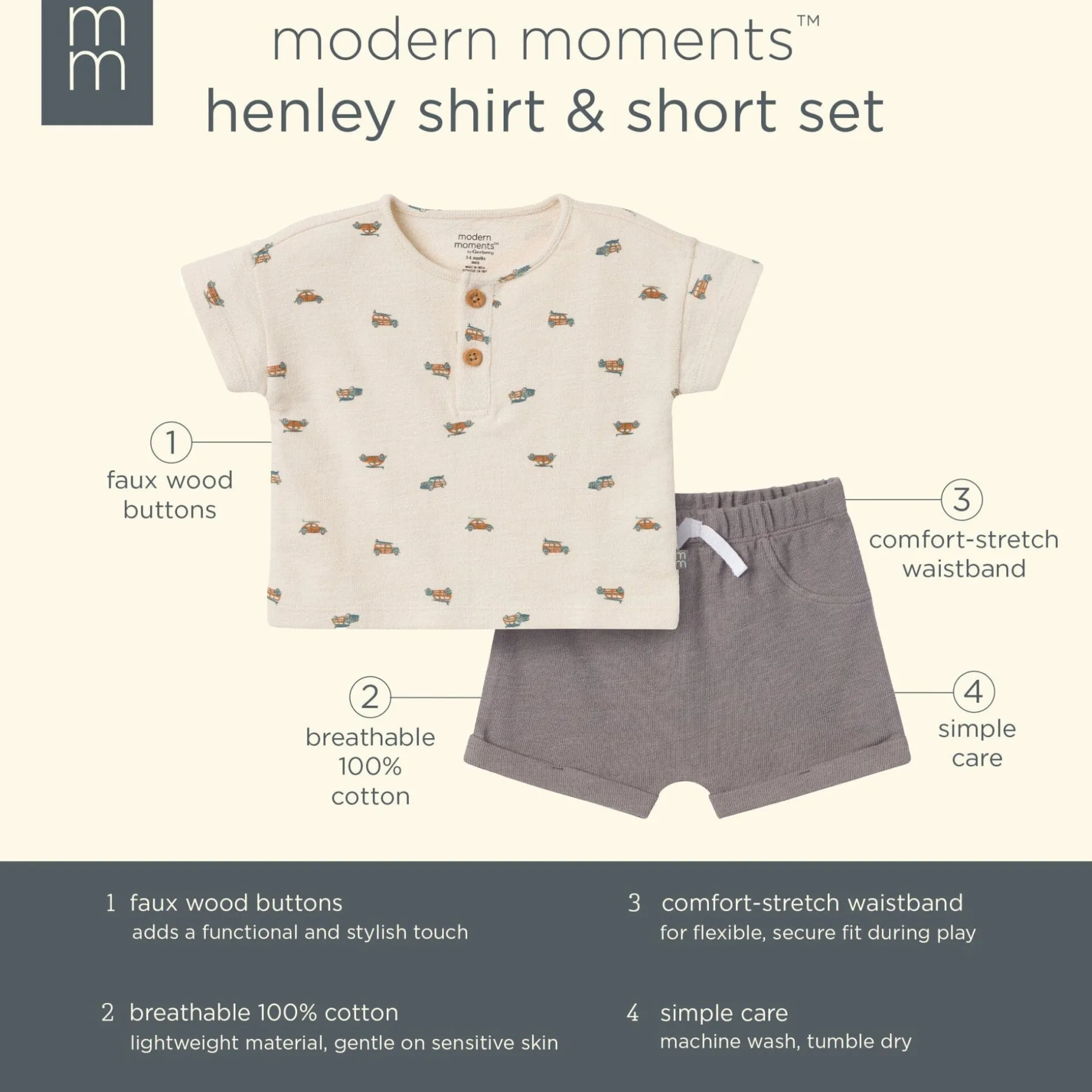2-Piece Baby Boys Beach Buggys Henley Shirt and Shorts Set