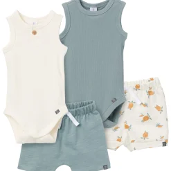 4-Piece Baby Boys Cream & Teal Bodysuits and Shorts Set