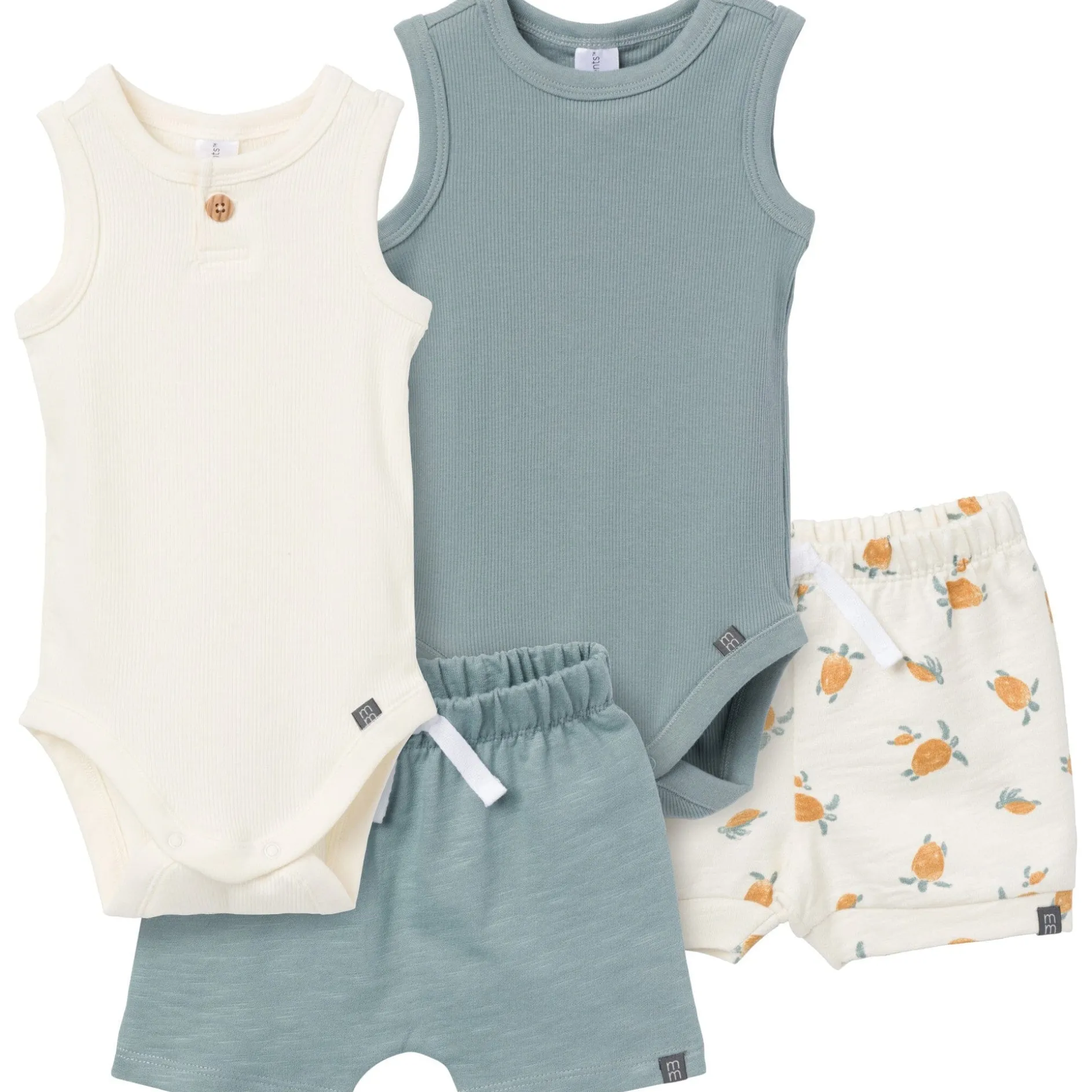 4-Piece Baby Boys Cream & Teal Bodysuits and Shorts Set
