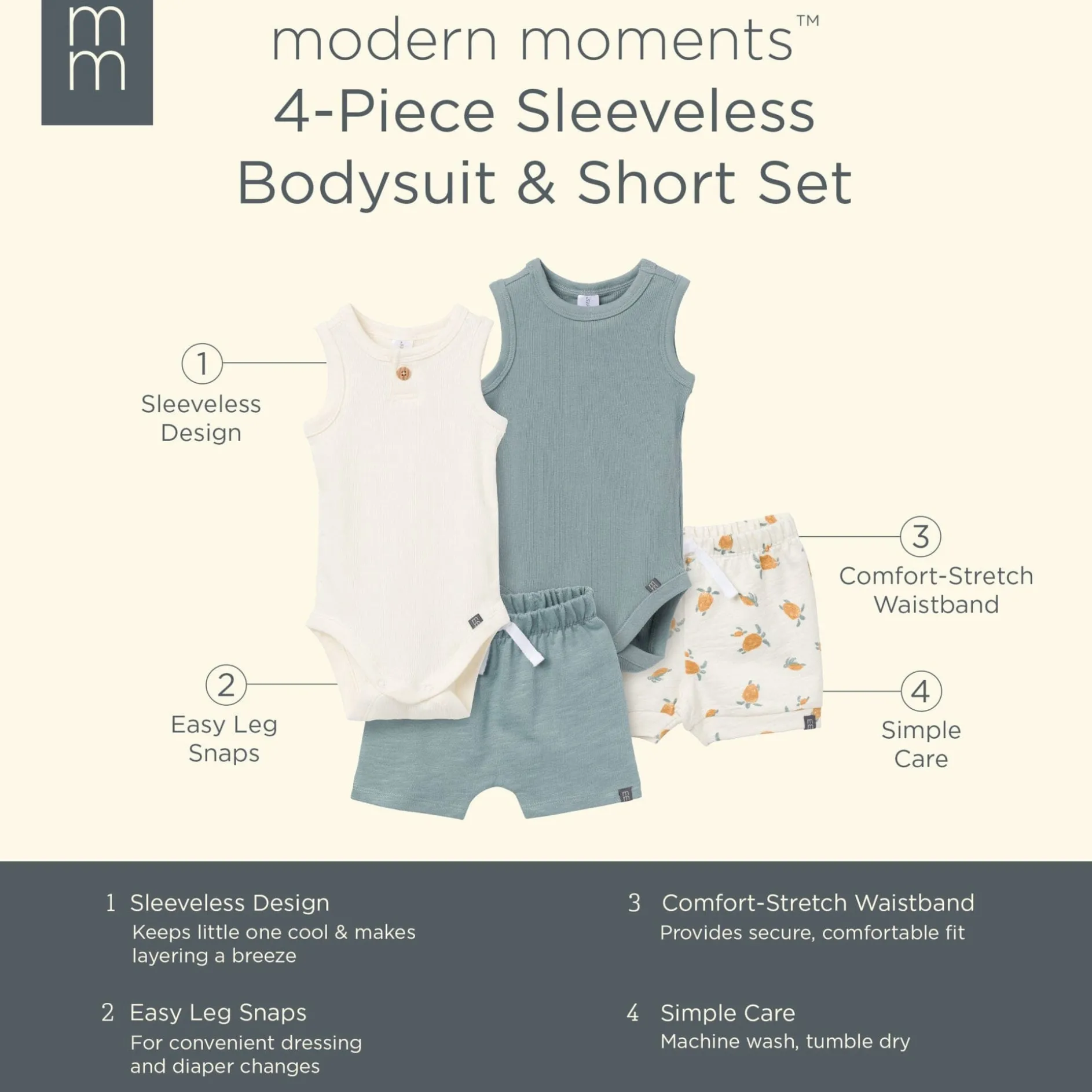4-Piece Baby Boys Cream & Teal Bodysuits and Shorts Set