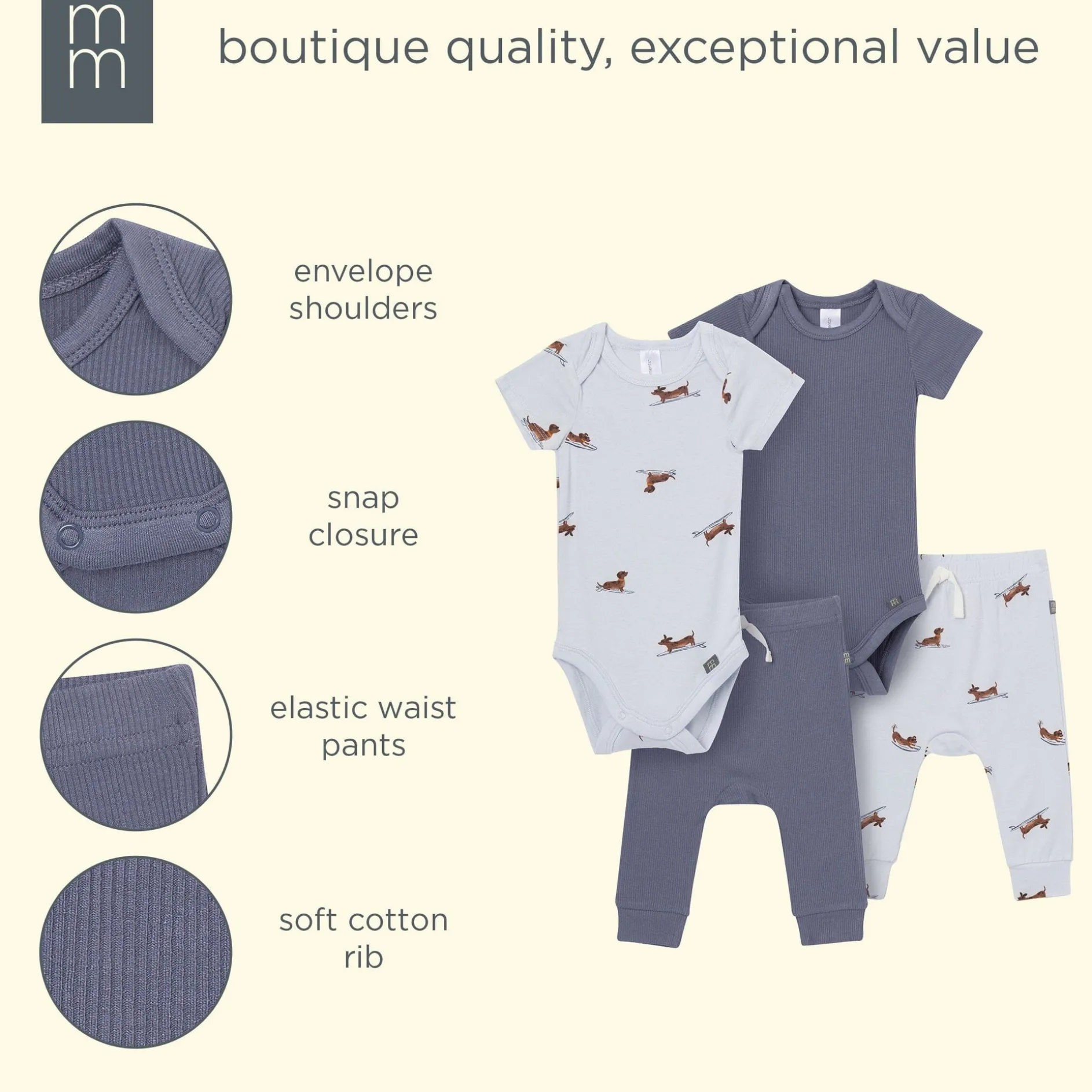 4-Piece Baby Boys Dachshund Surf Bodysuits and Pants Viscose Set