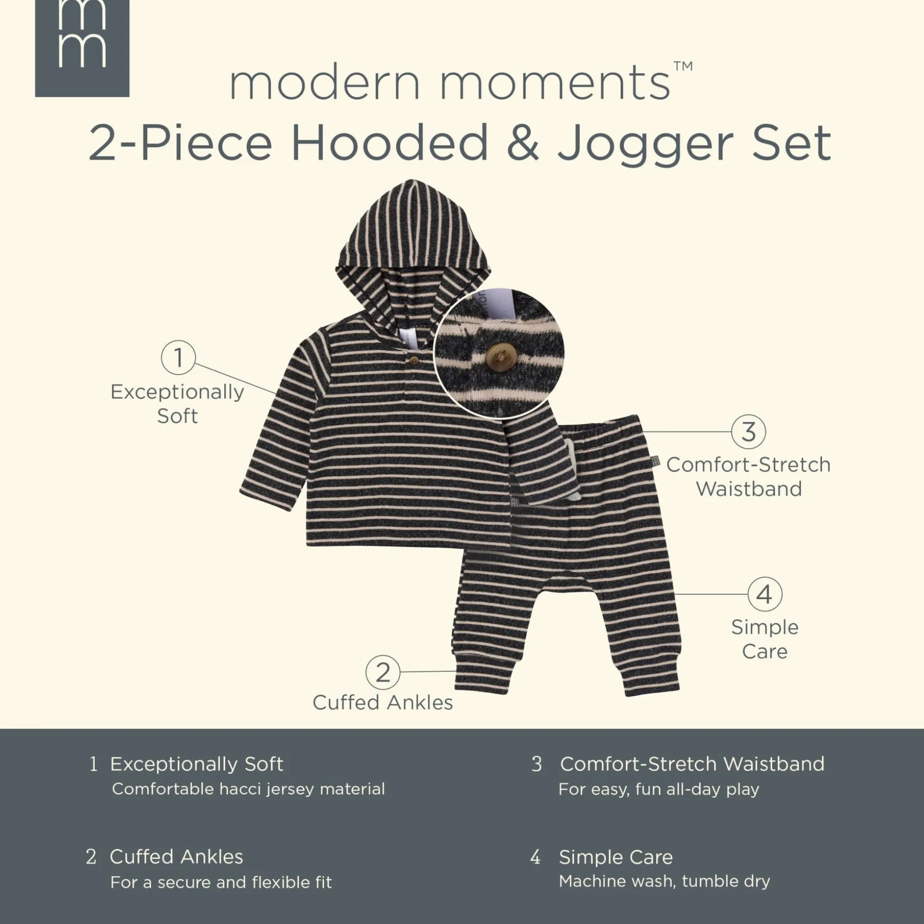 2-Piece Baby Boys Dark Grey Heather Stripe Hacci Hoodie and Jogger Pants Set