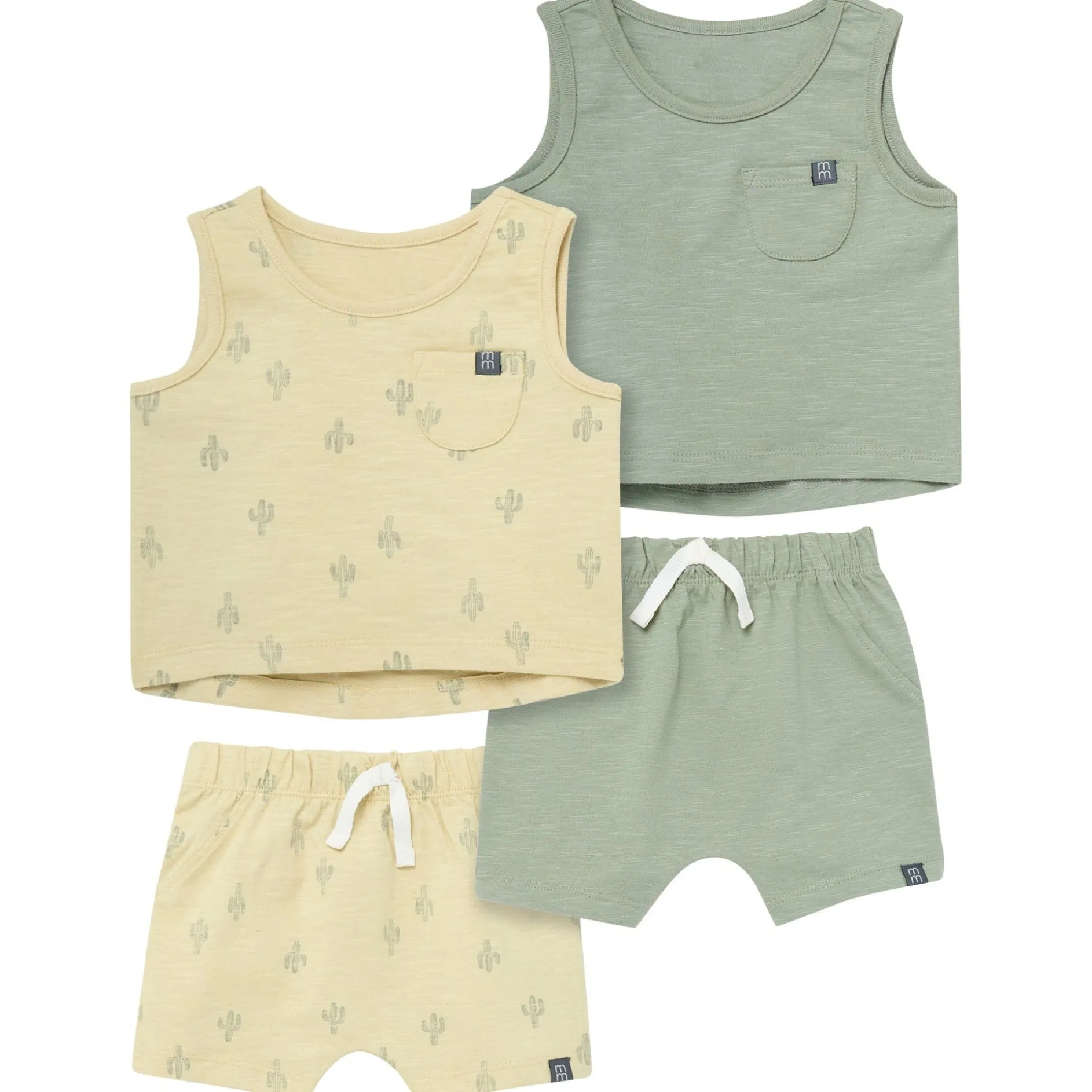 4-Piece Baby Boys Dusty Yellow Cactus Sleeveless Shirts and Shorts Set