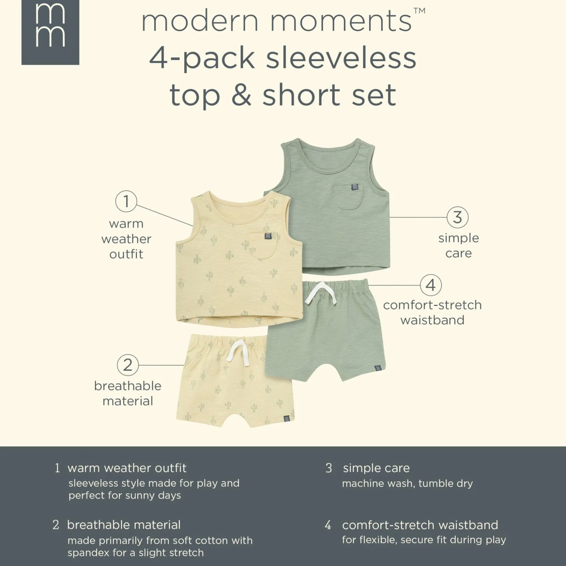 4-Piece Baby Boys Dusty Yellow Cactus Sleeveless Shirts and Shorts Set