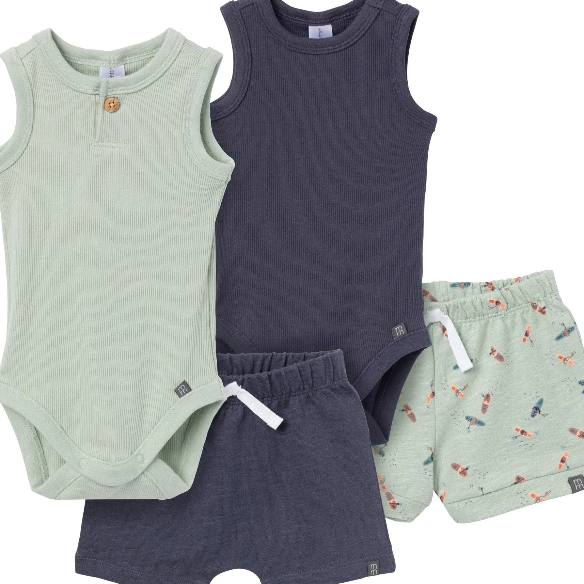 4-Piece Baby Boys Green & Navy Bodysuits and Shorts Set