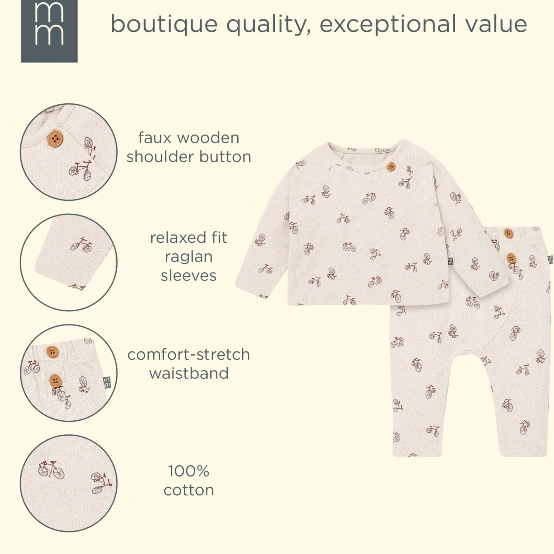 2-Piece Baby Boys Grey Bicycle Raglan Top and Pant Set