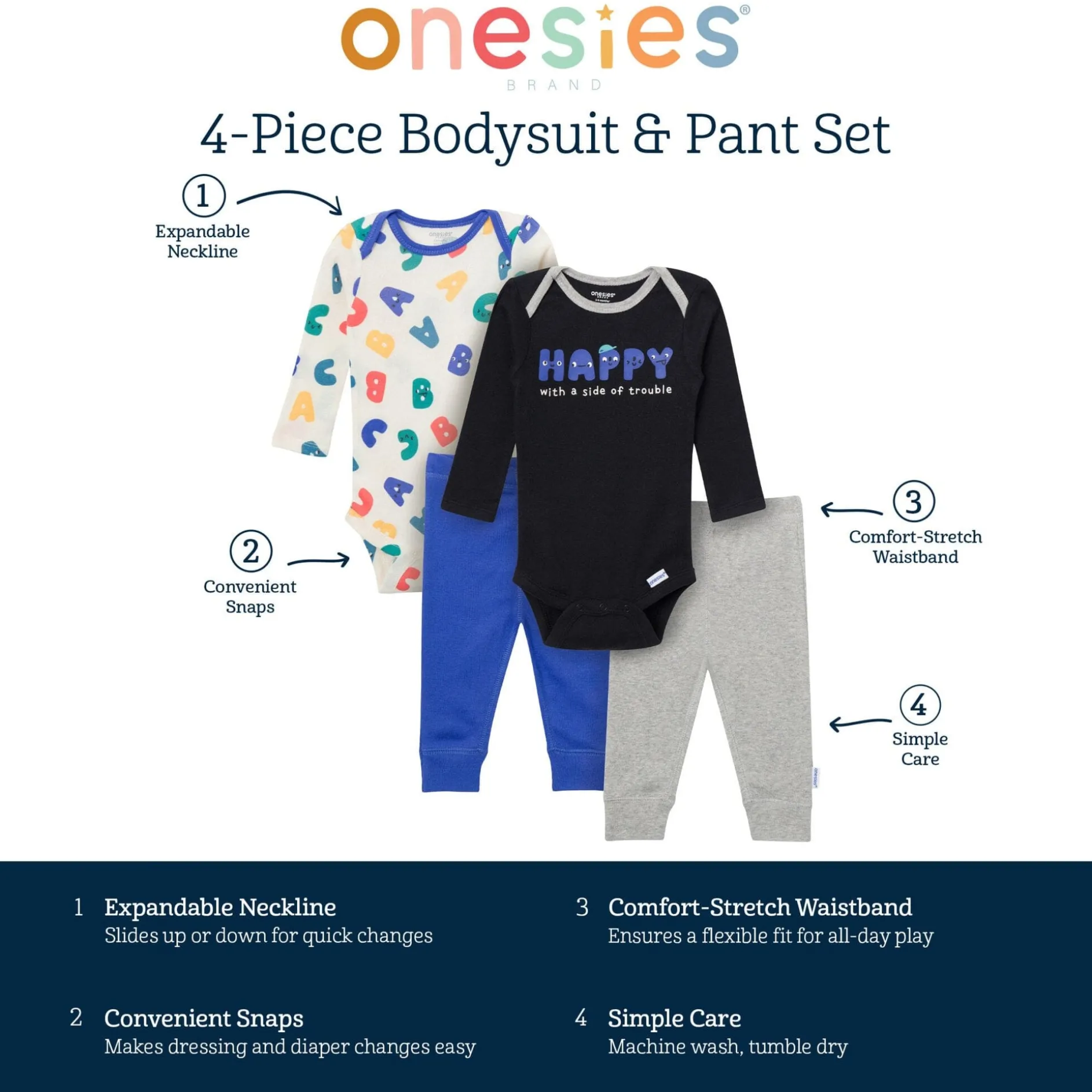 4-Piece Baby Boys Happy Letters Onesies® Bodysuits and Pants