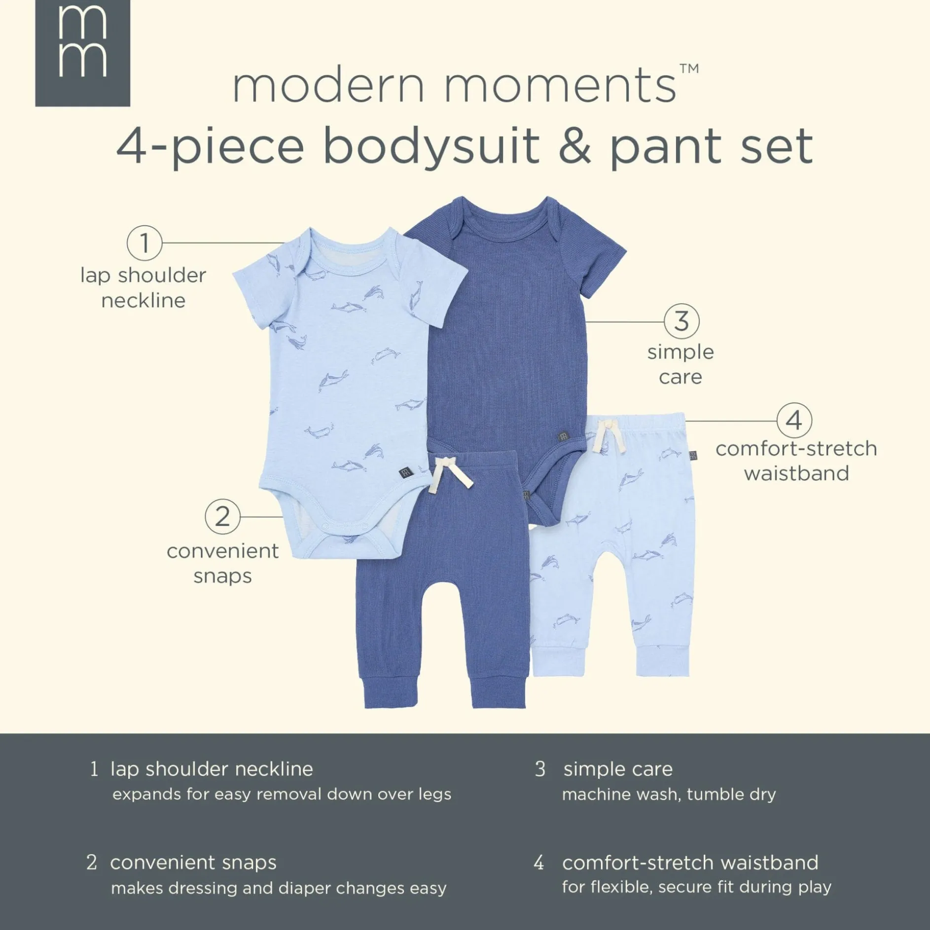 4-Piece Baby Boys Light Blue Whale Viscose Bodysuits and Pants Set
