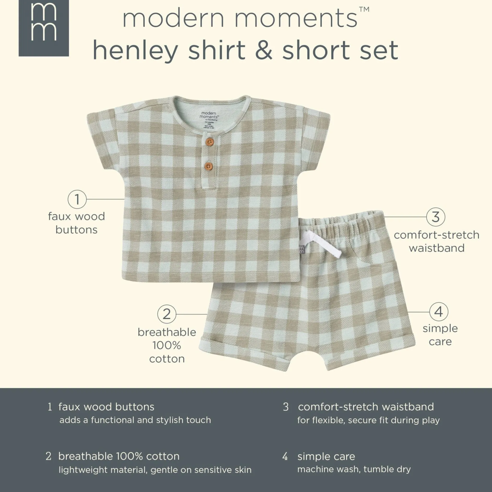 2-Piece Baby Boys Light Sky Gingham Henley Shirt and Shorts Set