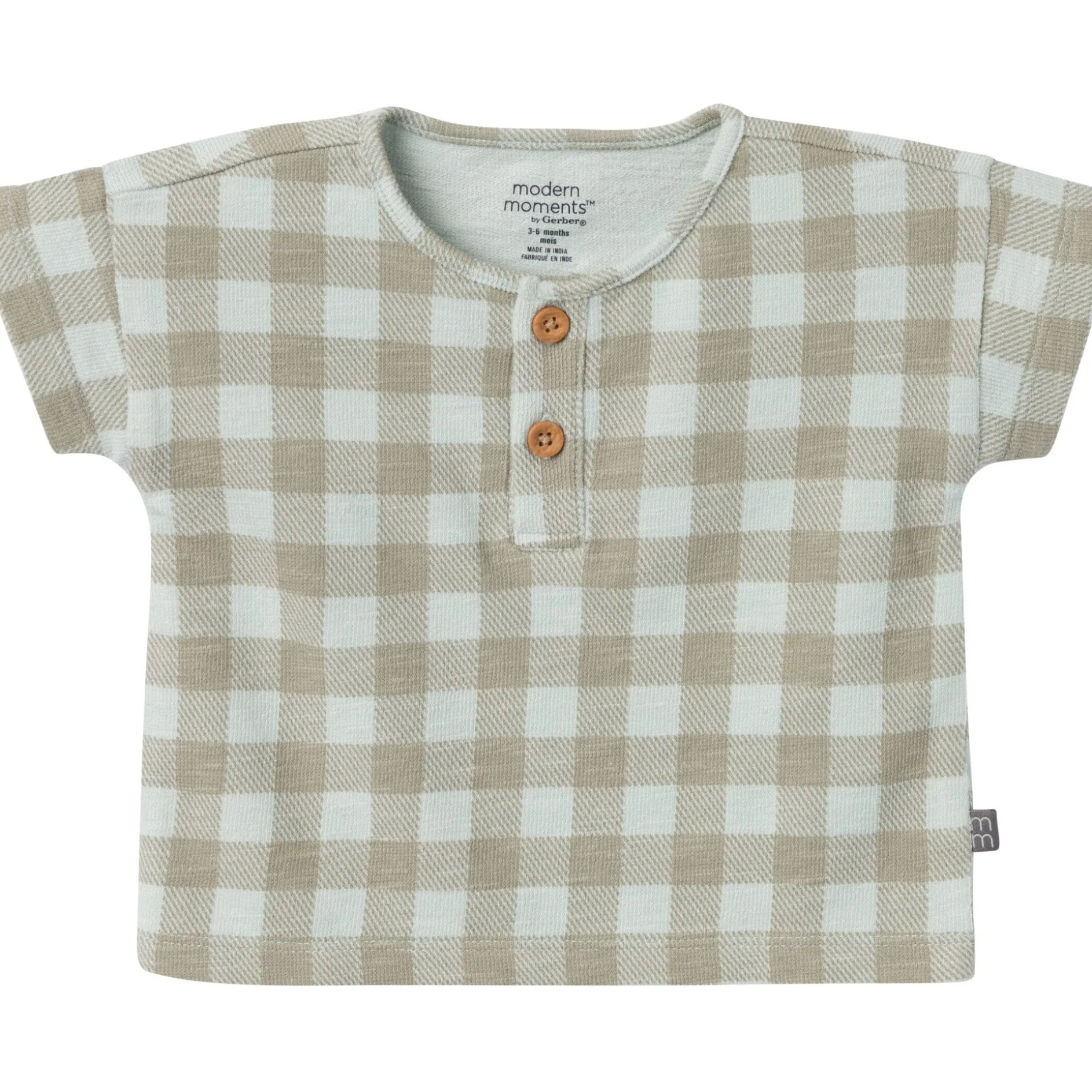 2-Piece Baby Boys Light Sky Gingham Henley Shirt and Shorts Set