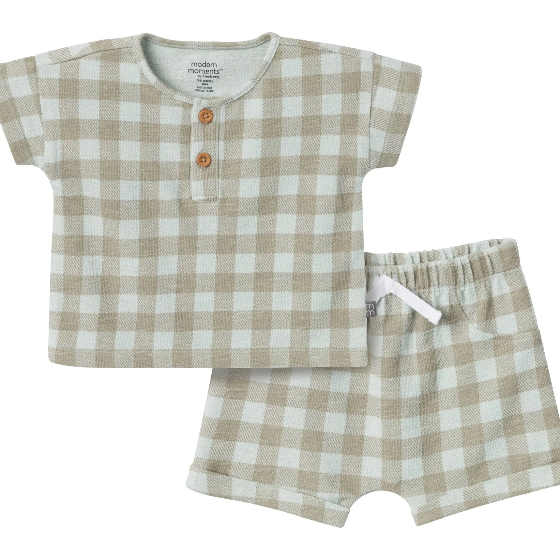 2-Piece Baby Boys Light Sky Gingham Henley Shirt and Shorts Set