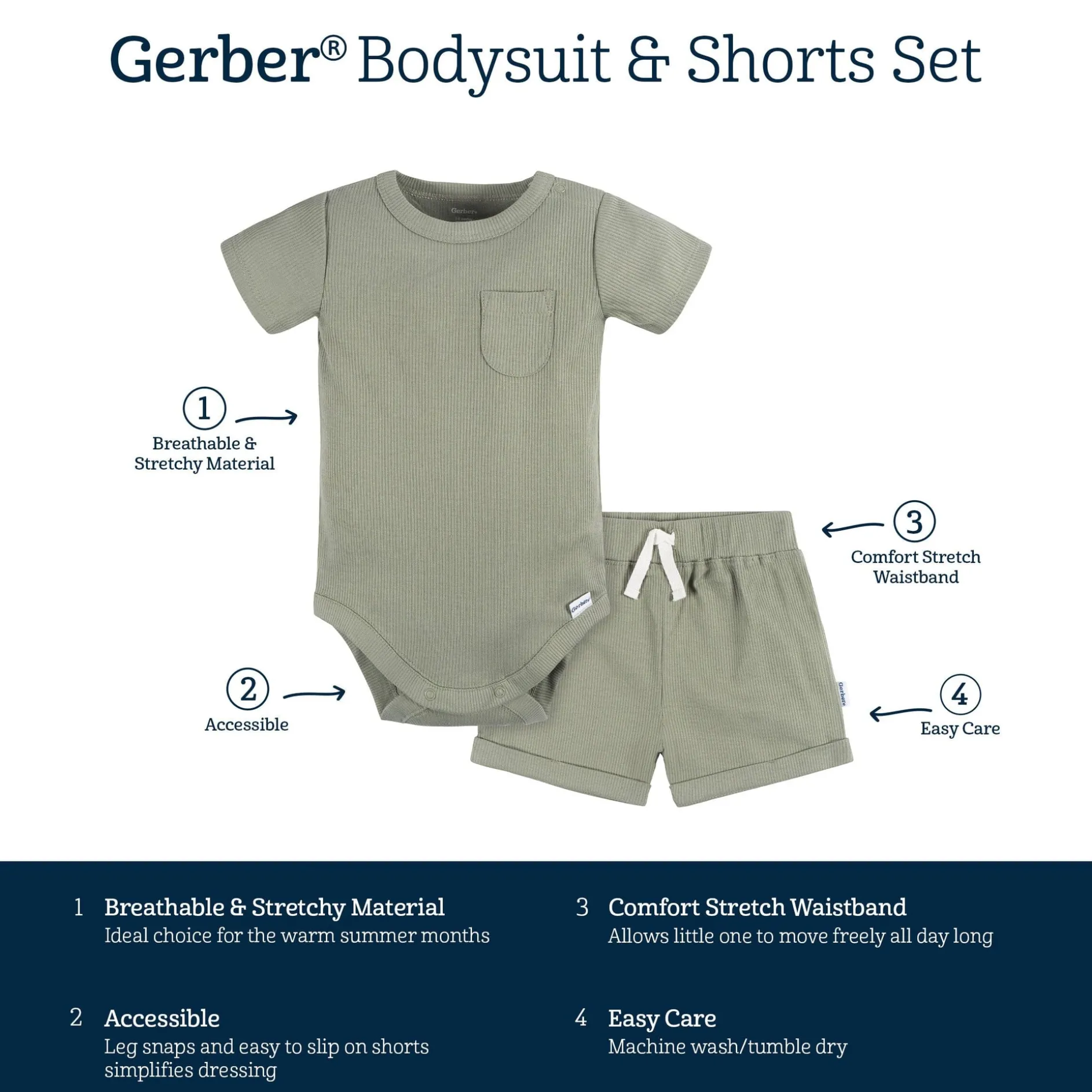 2-Piece Baby Boys Olive Bodysuit and Shorts Set