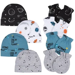 8-Piece Baby Boys Space Explorer No Scratch Mittens & Caps Set