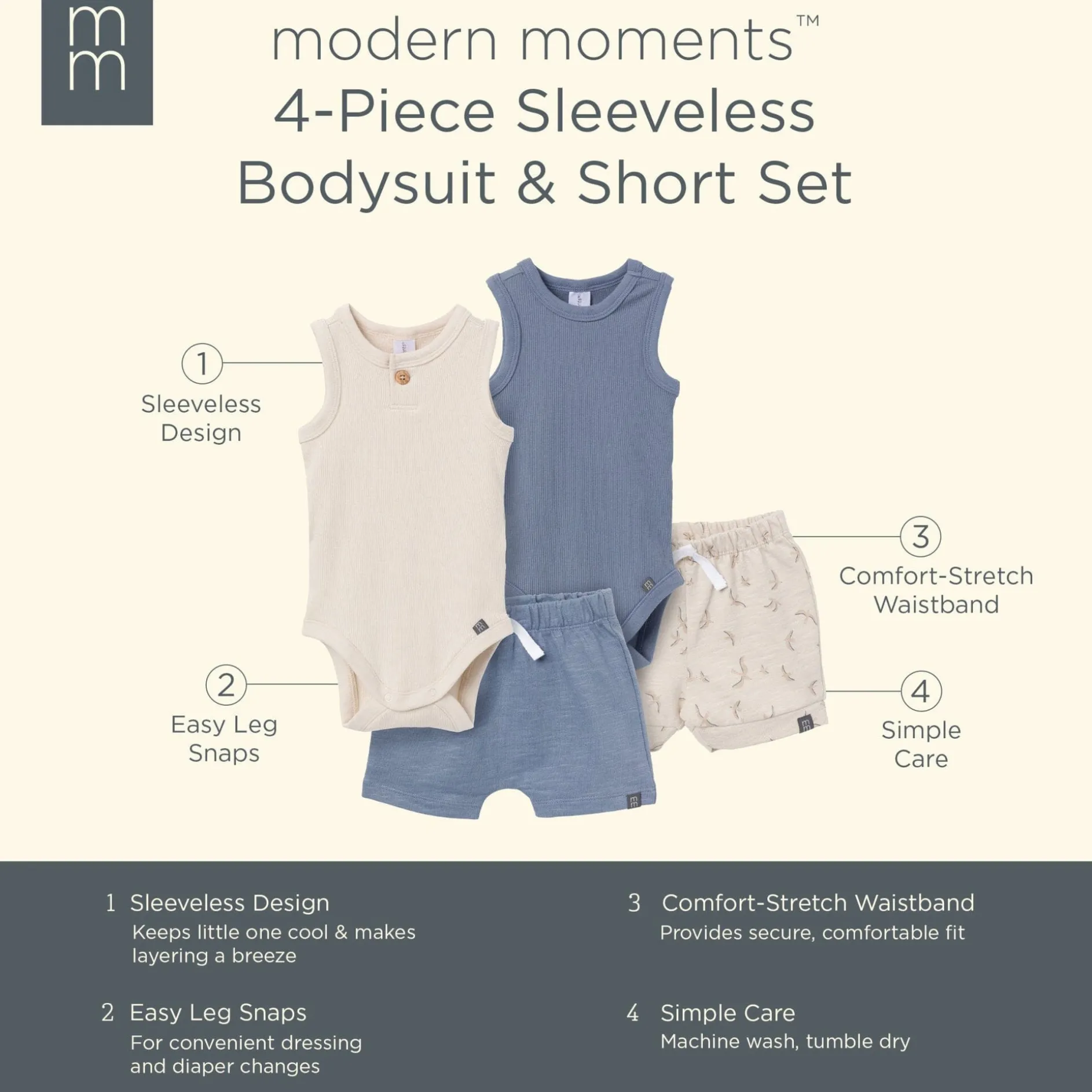 4-Piece Baby Boys Tan & Blue Bodysuits and Shorts Set