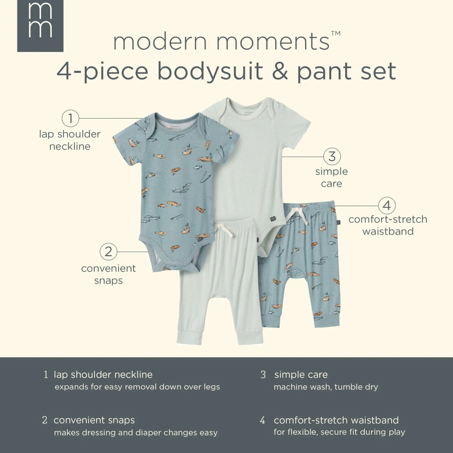 4-Piece Baby Boys Teal Fishing Bodysuits and Pants Viscose Set