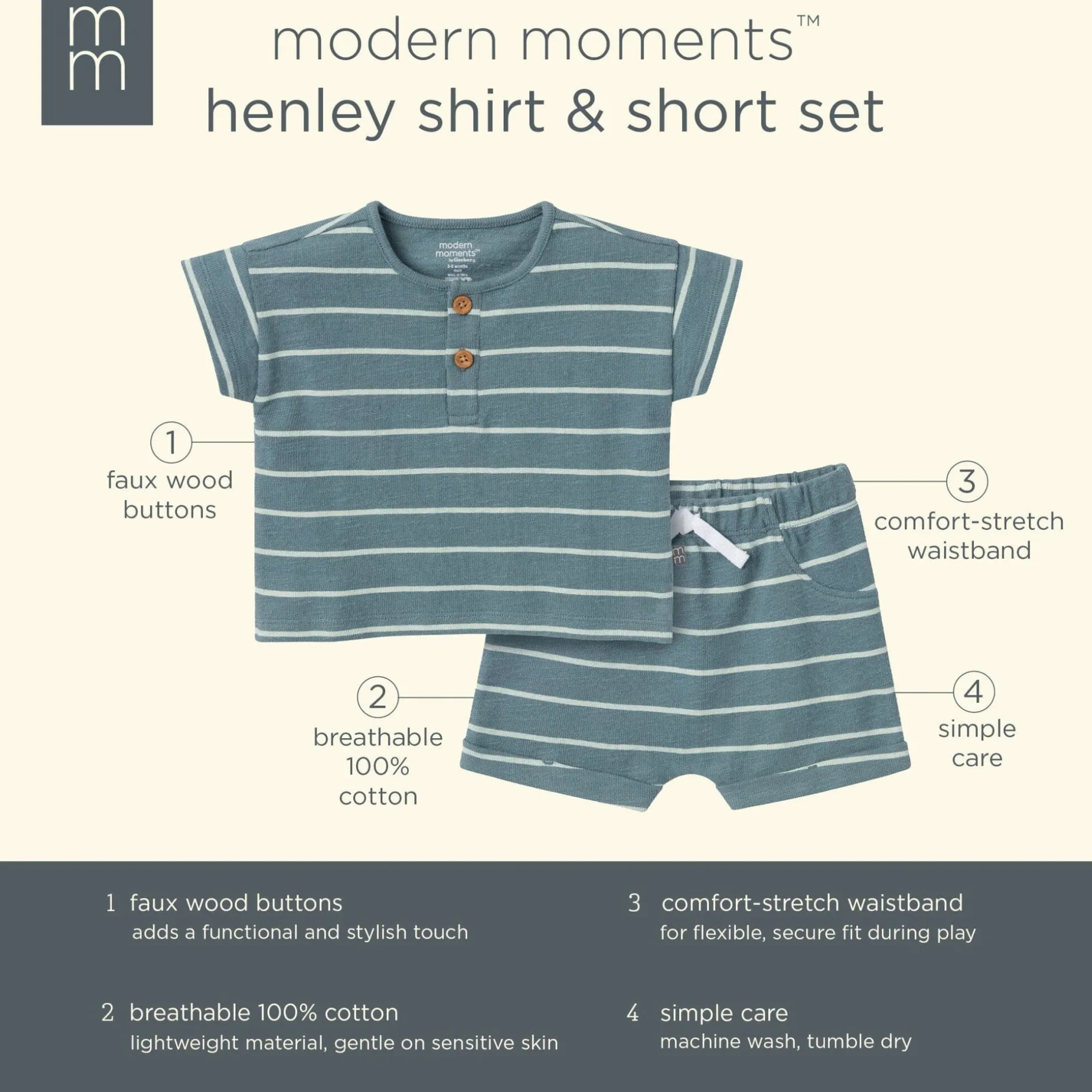 2-Piece Baby Boys Teal Stripe Henley Shirt and Shorts Set