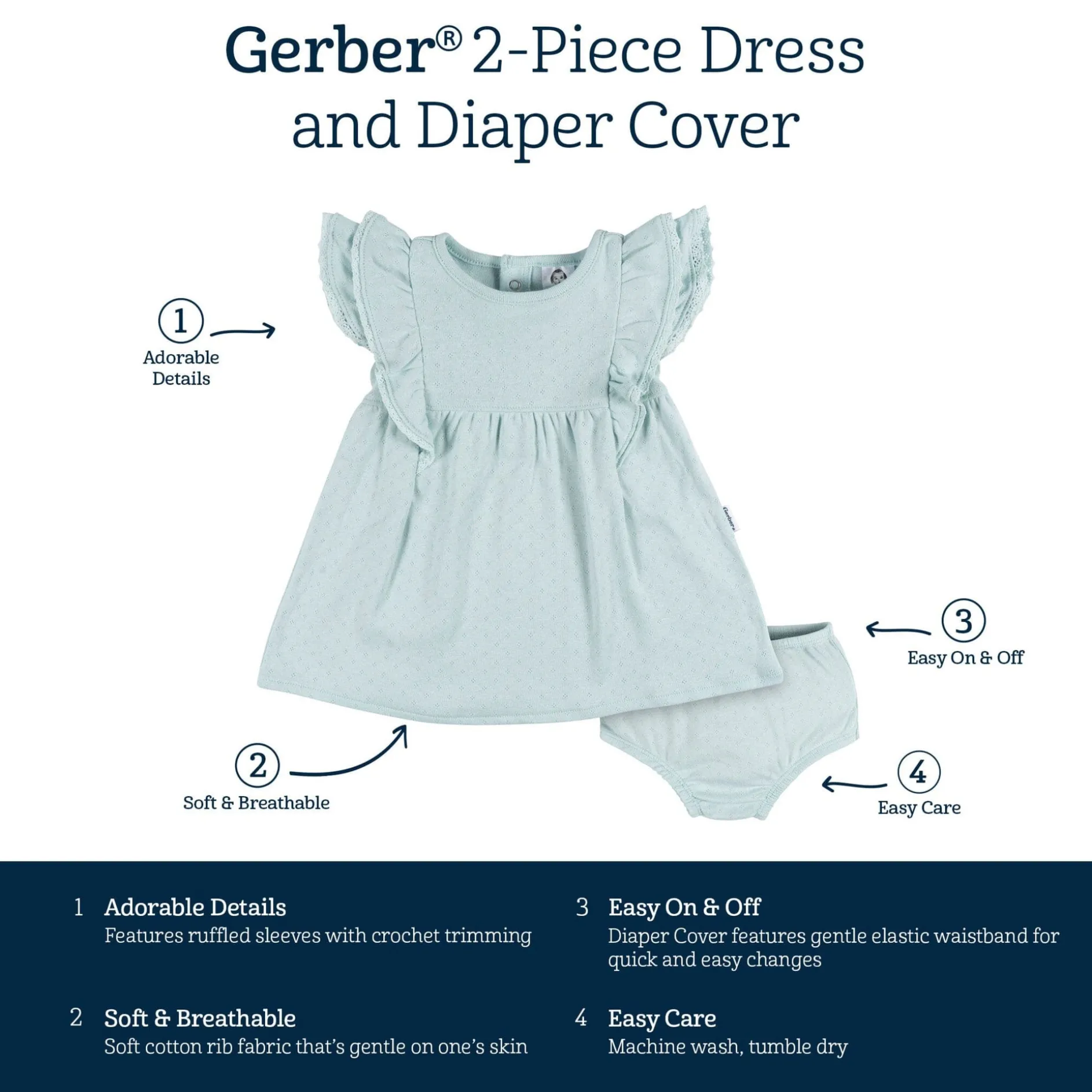 2-Piece Baby Girls Aqua Blue Dress & Diaper Cover Set
