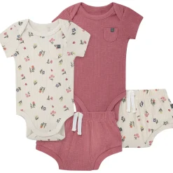 4-Piece Baby Girls Beige Garden Short Sleeve Bodysuits and Shorts Set