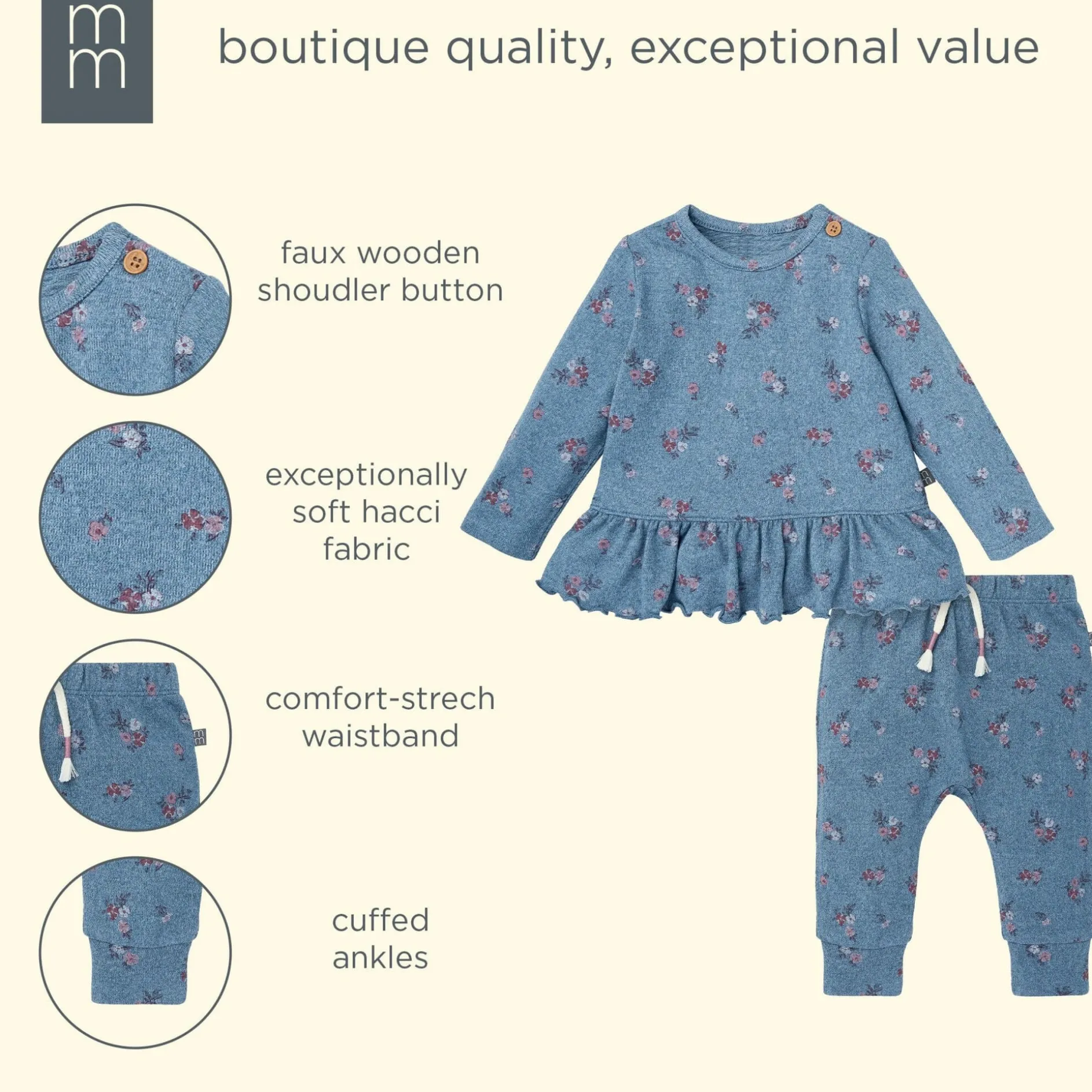 2-Piece Baby Girls Blue Floral Hacci Peplum Top and Pants