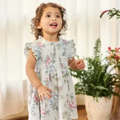 2-Piece Baby Girls Blue Floral Smocked Dress and Diaper Cover