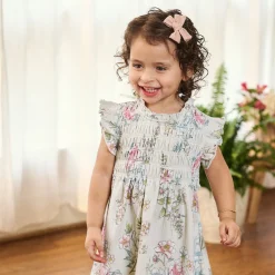 2-Piece Baby Girls Blue Floral Smocked Dress and Diaper Cover