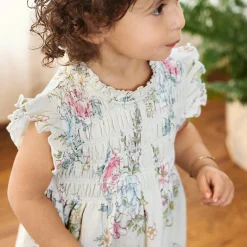 2-Piece Baby Girls Blue Floral Smocked Dress and Diaper Cover