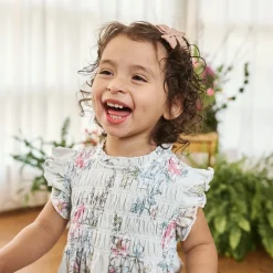 2-Piece Baby Girls Blue Floral Smocked Dress and Diaper Cover
