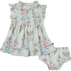 2-Piece Baby Girls Blue Floral Smocked Dress and Diaper Cover