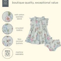 2-Piece Baby Girls Blue Floral Smocked Dress and Diaper Cover